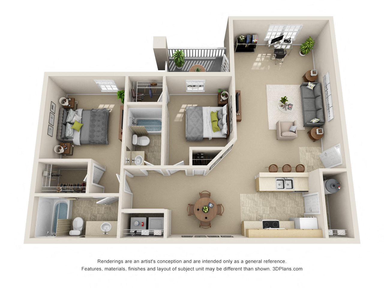 Floor plan for 2 beds, 2 baths, 1097 sqft